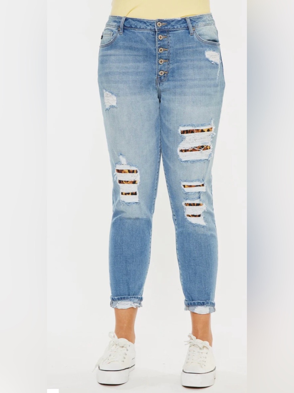 KanCan Distressed Jeans 15/31 NWT High Rise Leopard Patch Button Fly Skinny